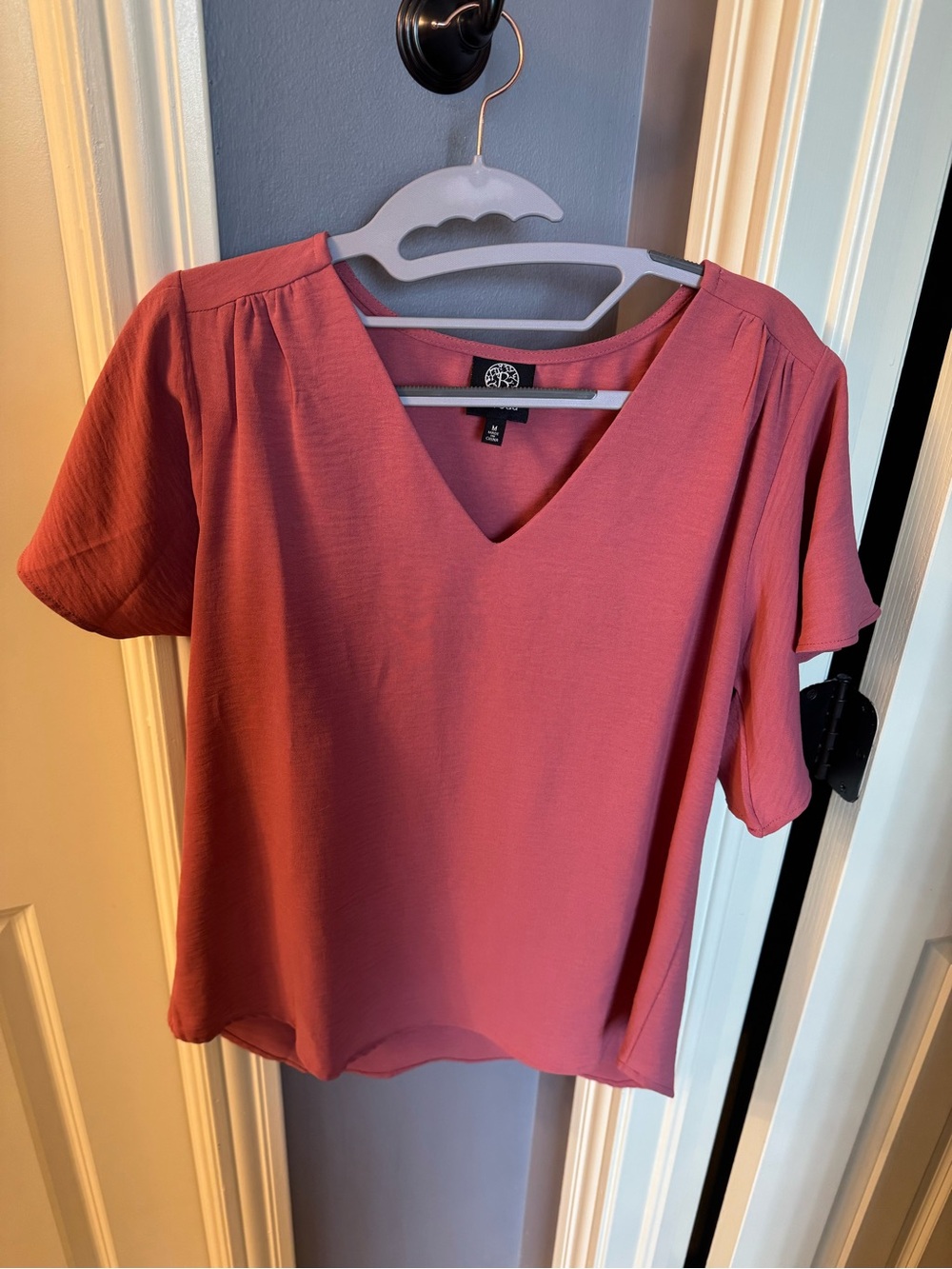 bobeau Rose V-Neck Short Flutter Sleeve Blouse